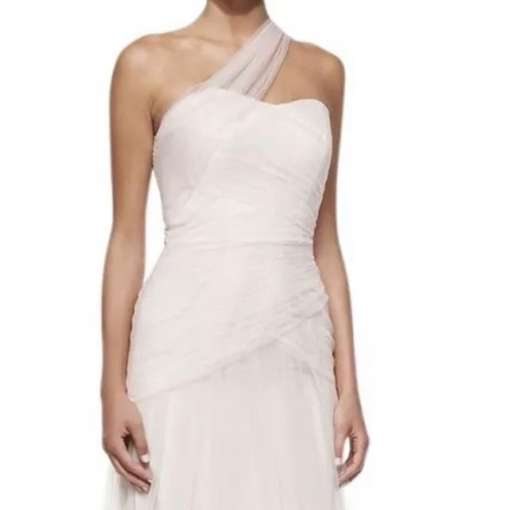 ML Monique Lhuillier White Shirred One-Shoulder Tulle Gown Dress Sz 18